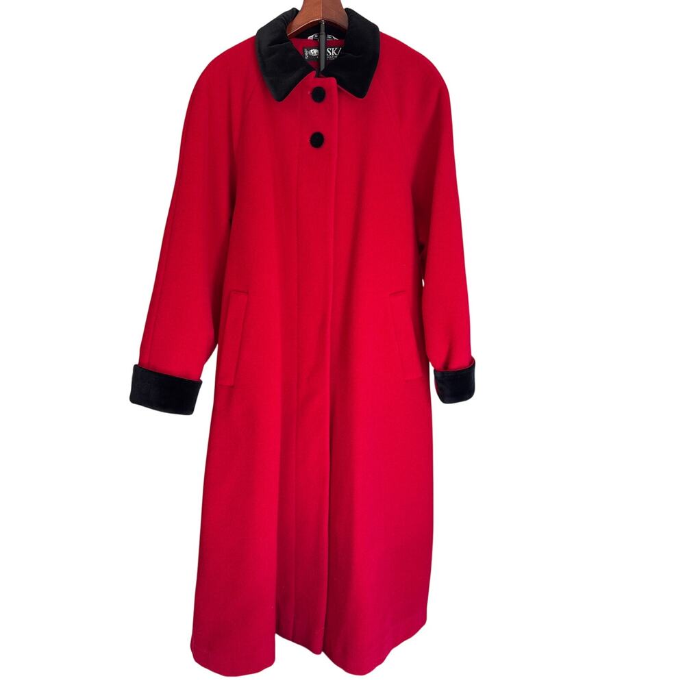 Vintage Eska International Red Wool Coat Black Velvet Trim EU Size 16